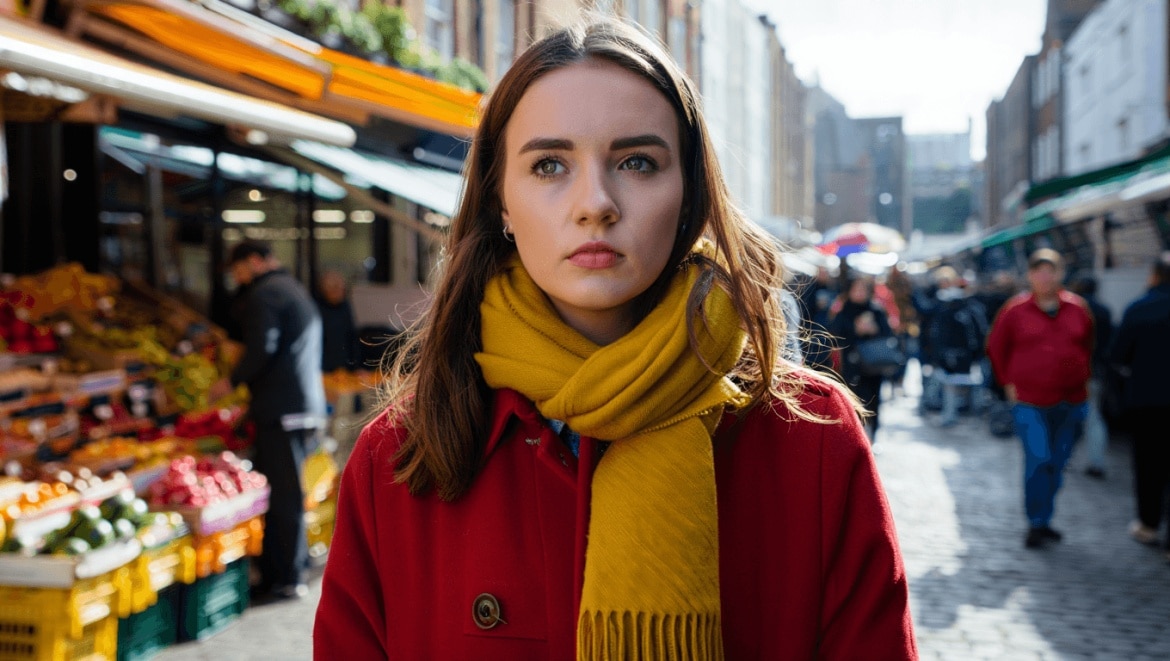 A person smiling on a balcony overlooking a scenic coastline with a bay and distant cityscape