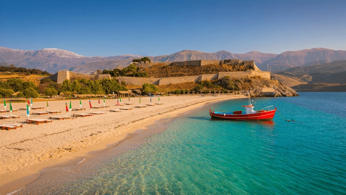 Giant Coat of Arms of Albania Emblem Statue in a street roundabout in the city center of Tirana under blue summer sky with fluffy cloudscape, Tirana, Capital of Albania, South Eastern Europe.