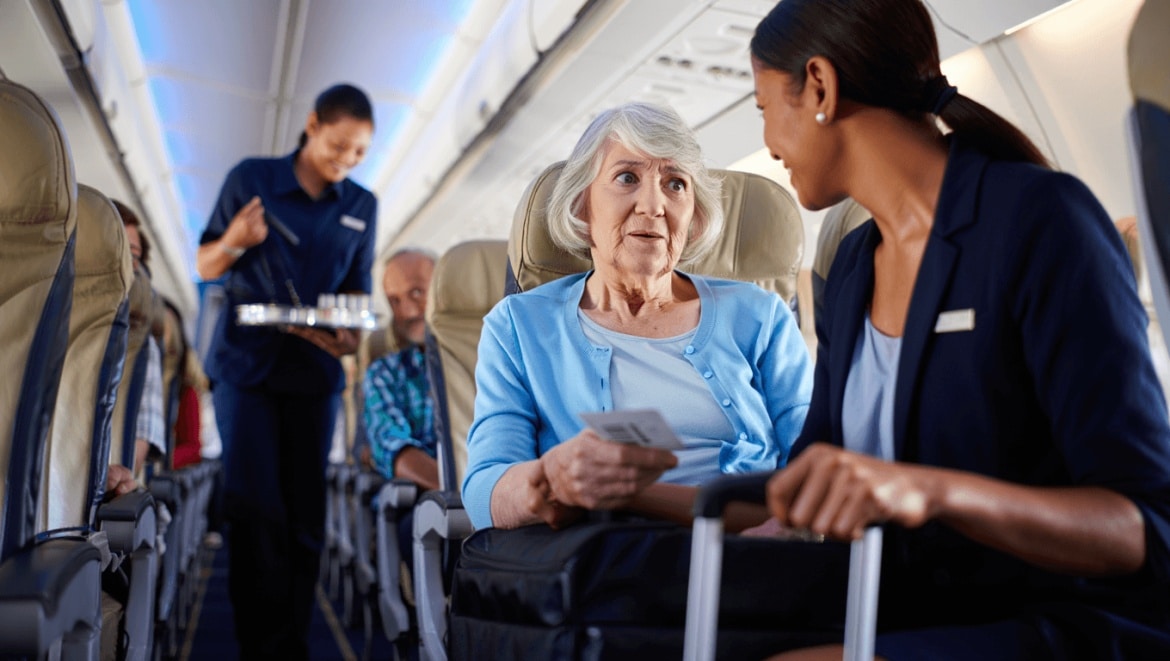 Various travel accessories including a walking cane compression socks travel organizer and a folded blanket