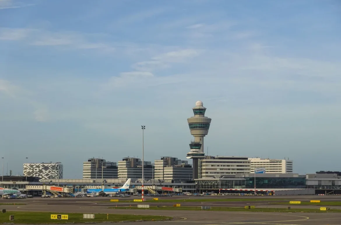 Chantier de construction d'un terminal d'aéroport avec grues et structures métalliques