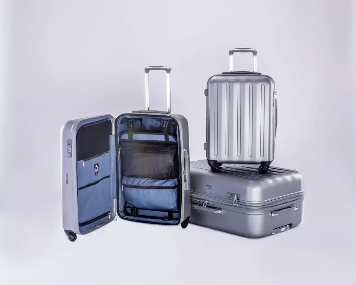 Valise ouverte avec vêtements et accessoires rangés de manière organisée et géométrique