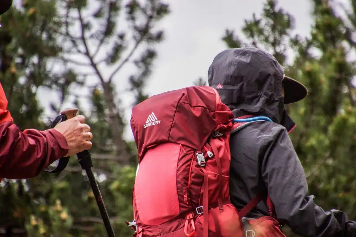 Sac à dos de randonnée et équipement de trek organisés sur le sol